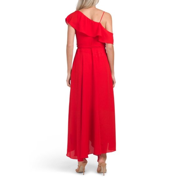 Likely Leilani Asymmetrical Chiffon Red Gown 2 - Picture 3 of 11